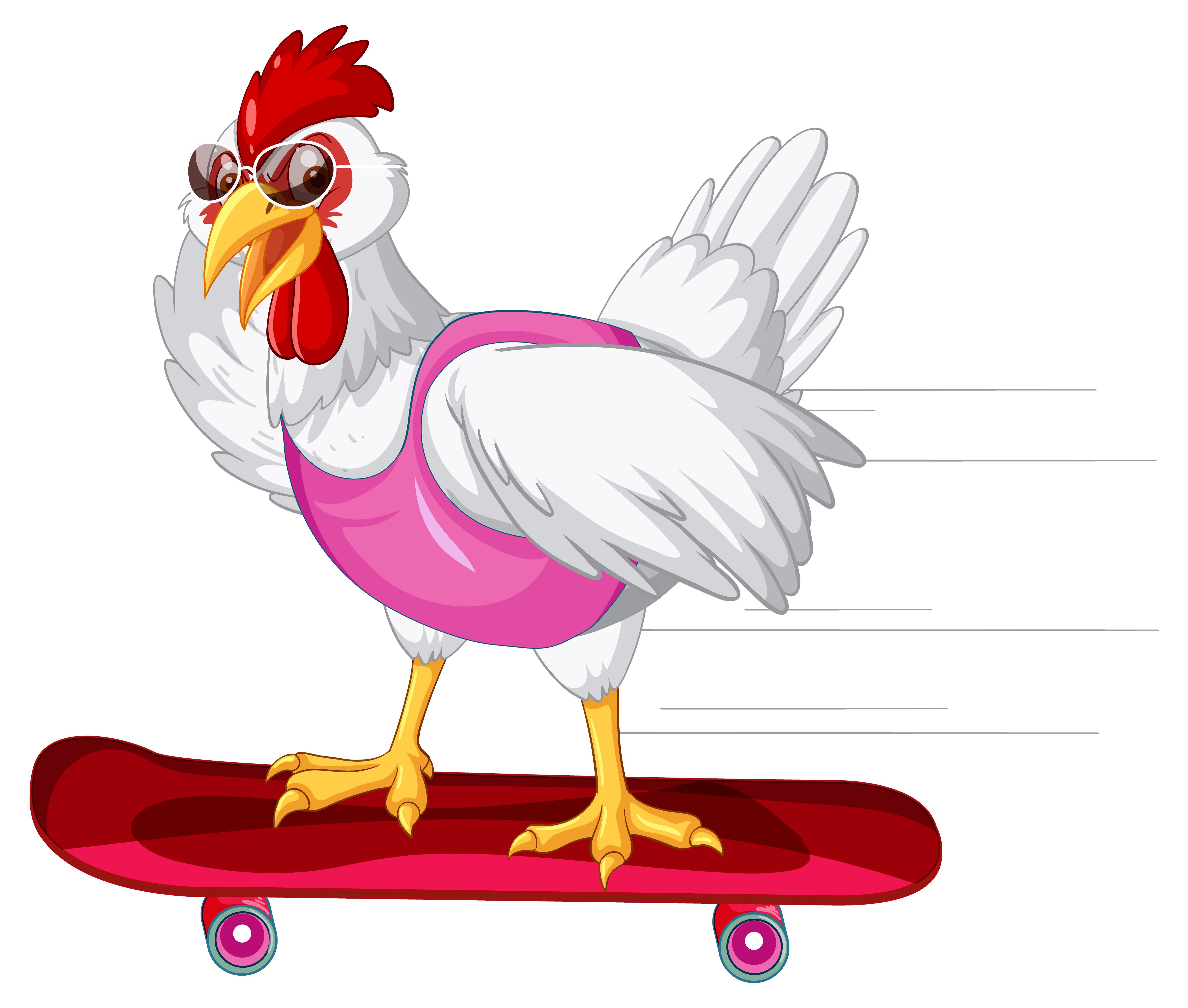 A chicken wearing a hat and smiling